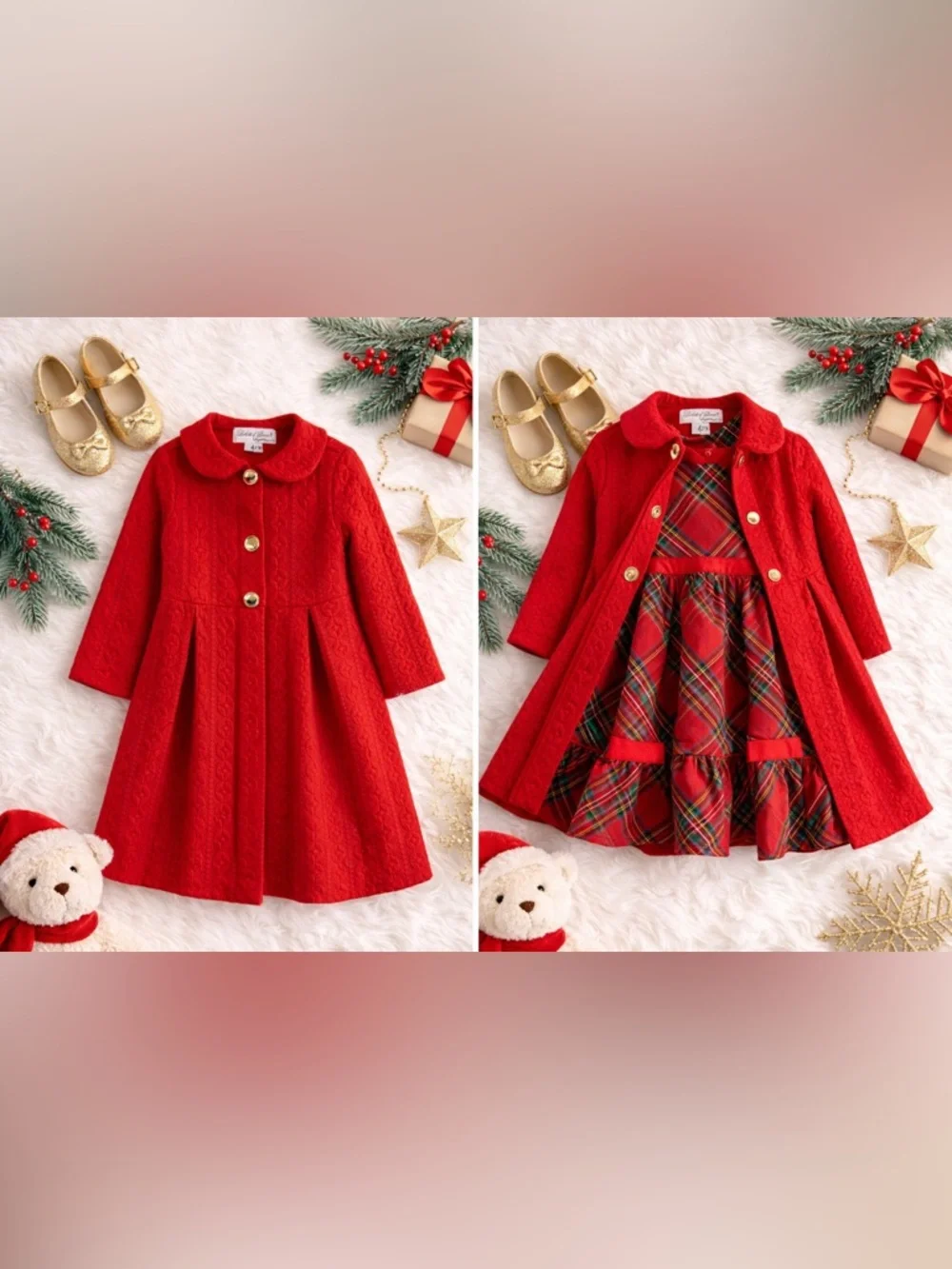 Matching Holiday Toddler Outfit 4T | Red Coat & Plaid Christmas Dress Set